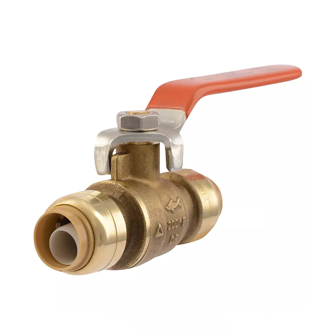 The Go Build 3/4 in. Ball Valve Push-to-Connect features a metallic finish, red upward-angled lever handle, and push-to-connect fittings on both ends, offering easy operation for plumbing applications.